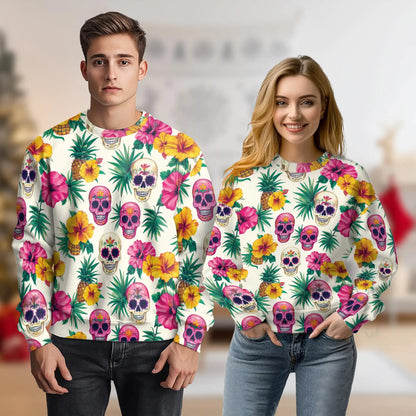 Sugar Skull Sweatshirt, 3D All Over Print Day of the Dead Crewneck Pullover for Men Women, Sugar Skull Lover Gift - Netecom