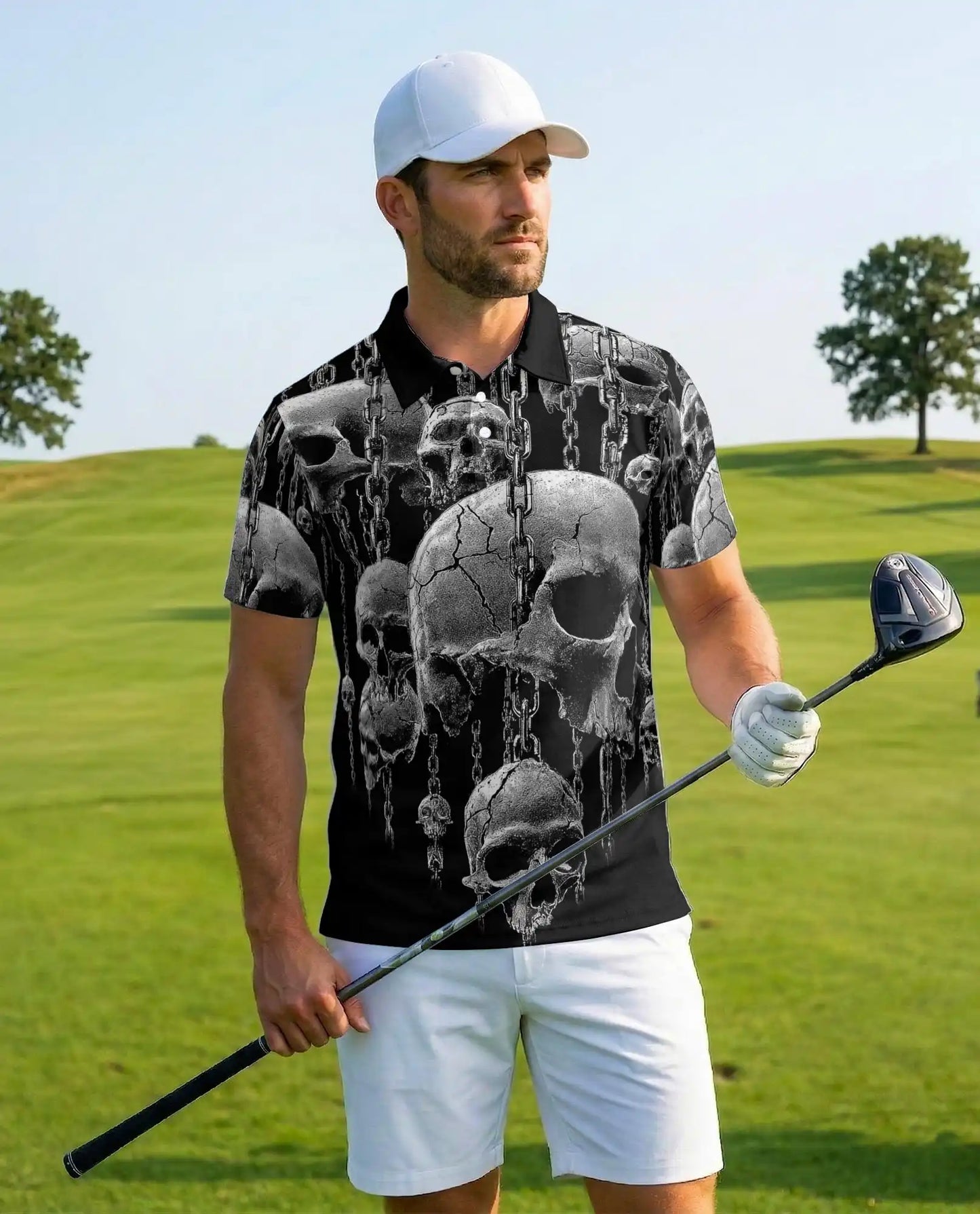 Skull Chain Gothic Polo Shirt - Dark Horror Metal Style | Netecom