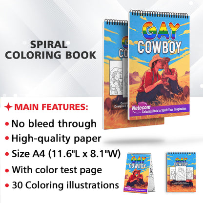 Gay Cowboy Spiral Bound Coloring Book, Immerse Yourself in 30 Whimsical Coloring Pages, Reflecting the Passion and Connection of Gay Cowboys in the Wild West