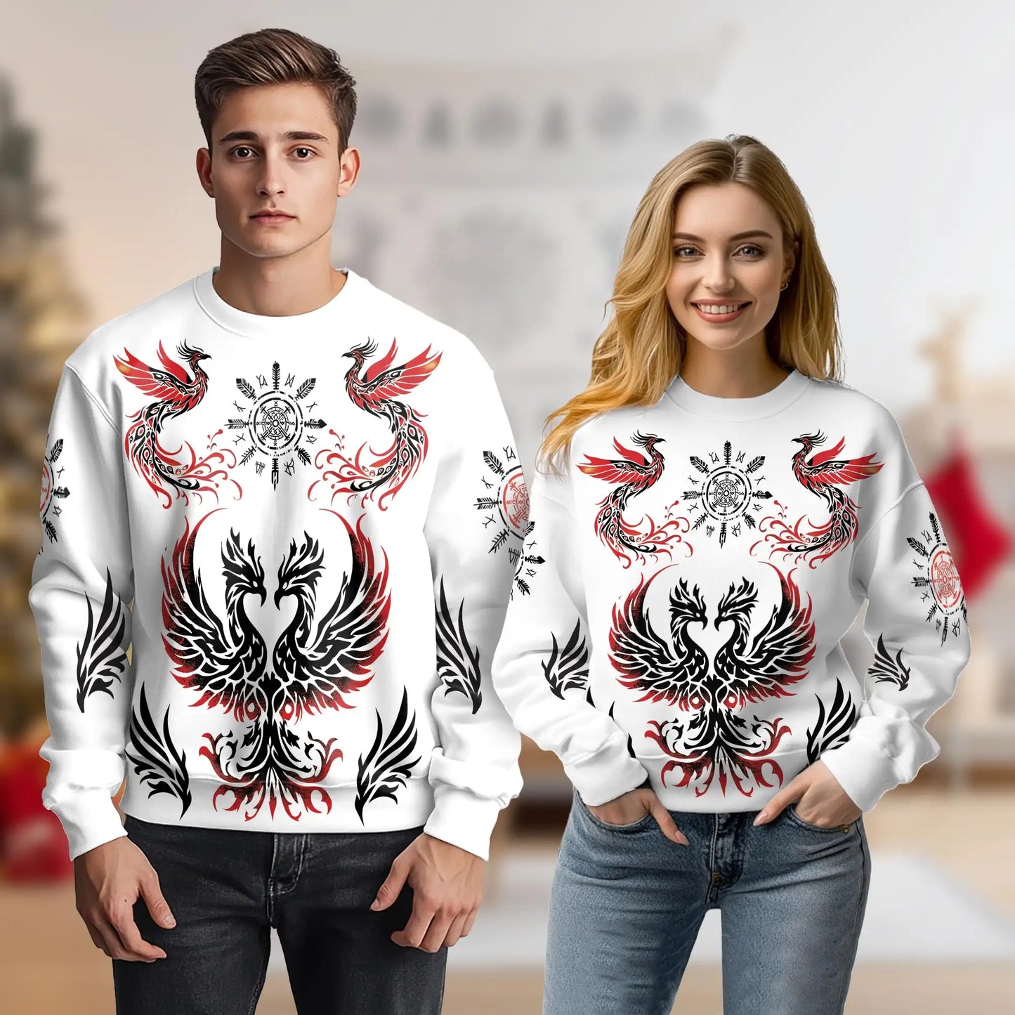 Viking Phoenix Sweatshirt, 3D All Over Print Norse Warrior Fire Bird Crewneck Pullover for Men Women, Viking Lover Gift - Netecom