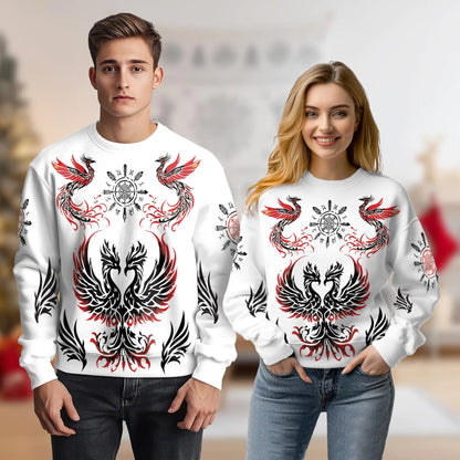 Viking Phoenix Sweatshirt, 3D All Over Print Norse Warrior Fire Bird Crewneck Pullover for Men Women, Viking Lover Gift - Netecom