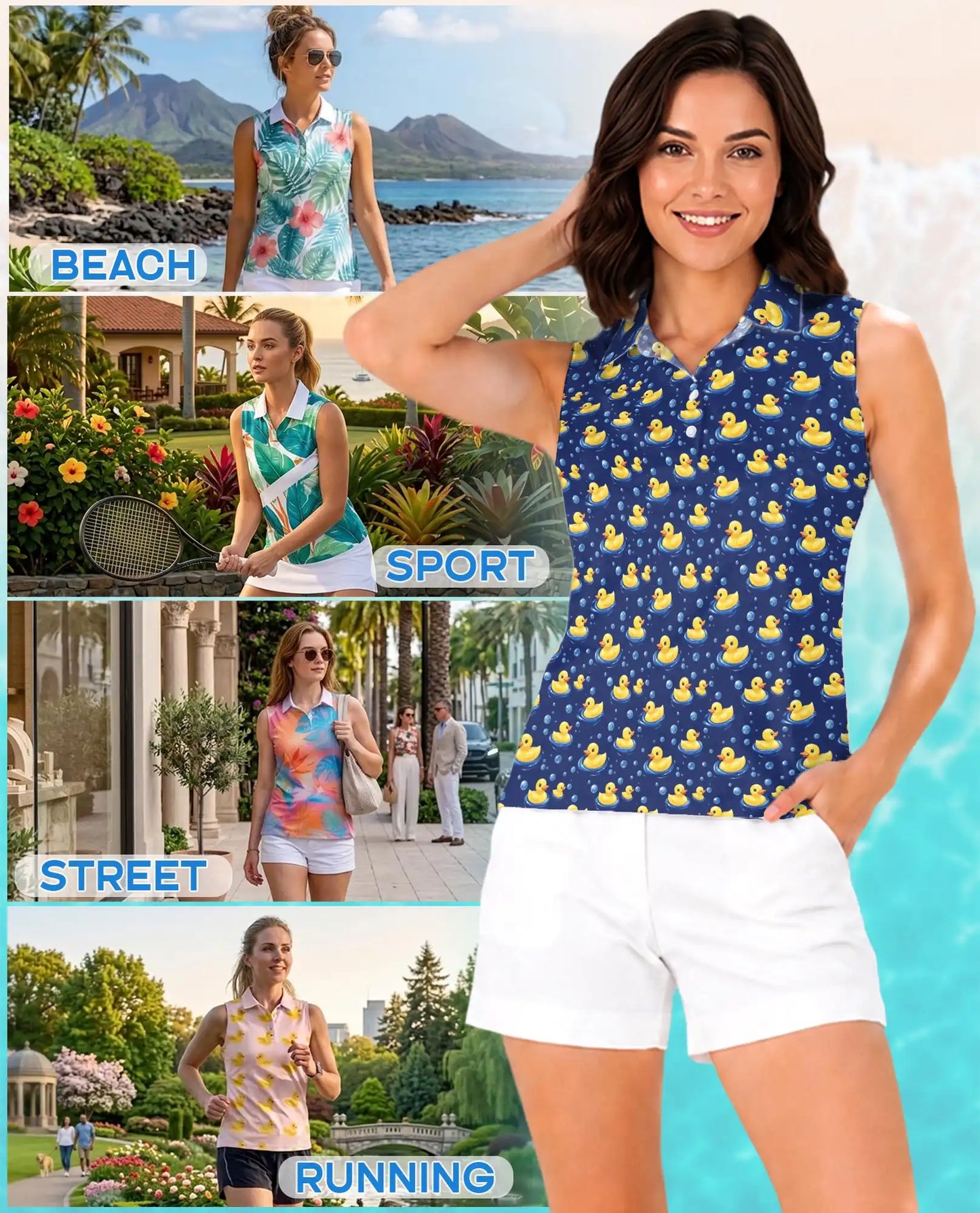 Cartoon Duck Pattern Sleeveless Polo Shirt for Women – Cute Animal Style | Netecom