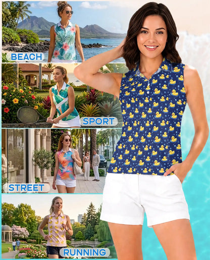 Cartoon Duck Pattern Sleeveless Polo Shirt for Women – Cute Animal Style | Netecom