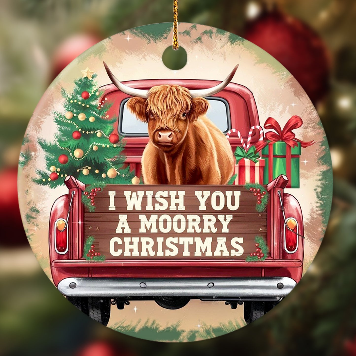 Netecom Funny Highland Cow in Red Truck Ornament, I Wish You a Moorry Christmas Ceramic Ornament for Christmas Tree Hanging Decorations Gift, Farm Animal Lover Gifts, Holiday Party Present