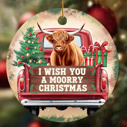Netecom Funny Highland Cow in Red Truck Ornament, I Wish You a Moorry Christmas Ceramic Ornament for Christmas Tree Hanging Decorations Gift, Farm Animal Lover Gifts, Holiday Party Present