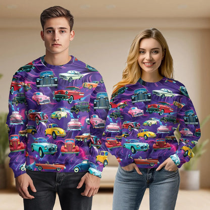 Vintage Hot Rod Classic Cars Sweatshirt, 3D All Over Print Retro Automobile Crewneck Pullover for Men Women, Car Lover Gift - Netecom