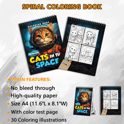 Cats In The Space Spiral Bound Coloring Book, Whimsical Cats in Outer Space Adventures, Ideal for Cat Lovers and Fans of Cosmic Fun