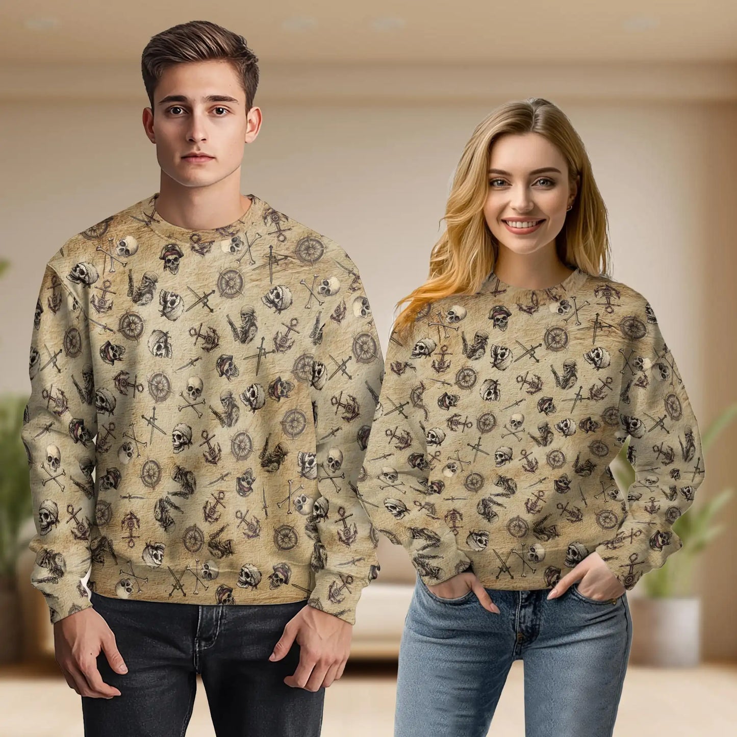 Pirate Skull Print Polyester Sweatshirt, 3D All Over Print Nautical Skull Crewneck Pullover for Men Women, Pirate Lover Gift - Netecom