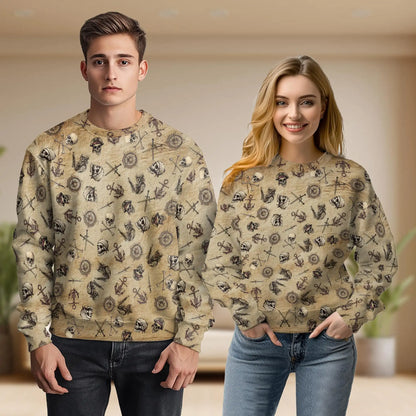 Pirate Skull Print Polyester Sweatshirt, 3D All Over Print Nautical Skull Crewneck Pullover for Men Women, Pirate Lover Gift - Netecom