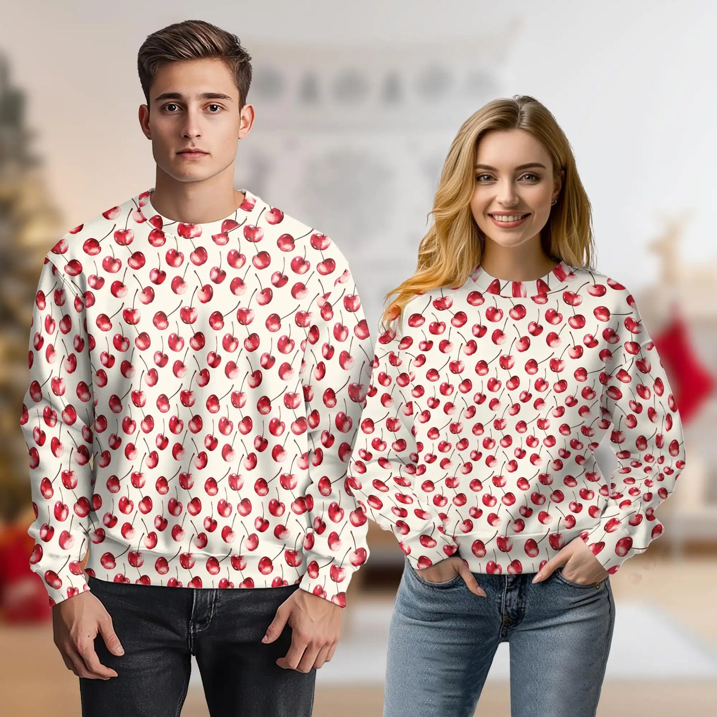 Cherry Pattern Sweatshirt, 3D All Over Print Fruit Crewneck Pullover for Men Women, Cherry Lover Gift - Netecom