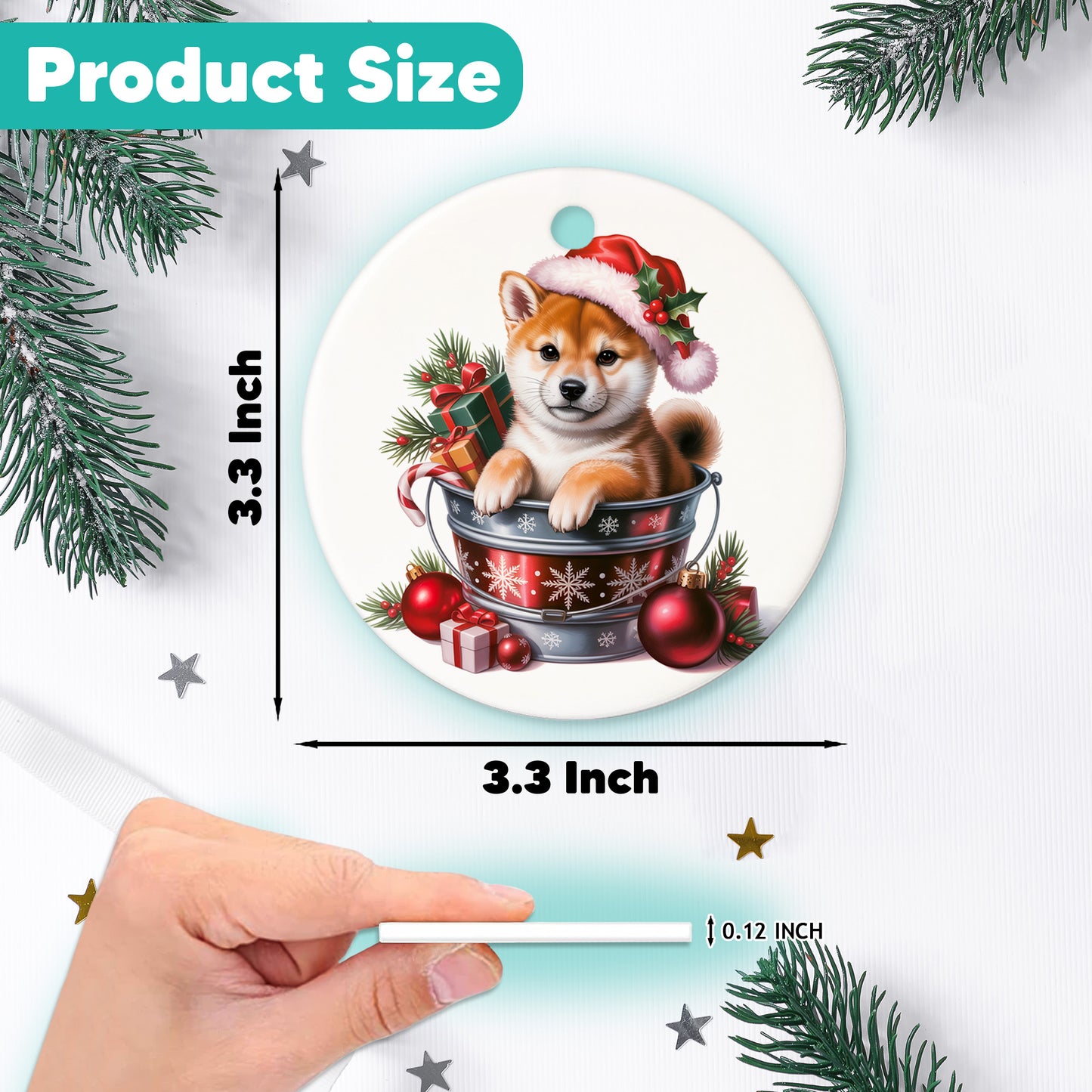 Netecom Adorable Shiba Inu in Bucket Ornament, Shiba Dog with Santa Hat Ceramic Ornament for Christmas Tree Hanging Decorations Gift, Puppy Lover Gifts, Home Decor, Holiday Party Present