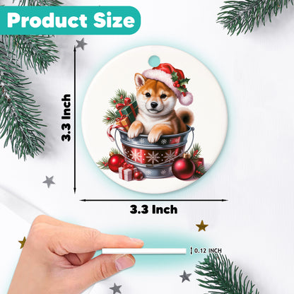 Netecom Adorable Shiba Inu in Bucket Ornament, Shiba Dog with Santa Hat Ceramic Ornament for Christmas Tree Hanging Decorations Gift, Puppy Lover Gifts, Home Decor, Holiday Party Present