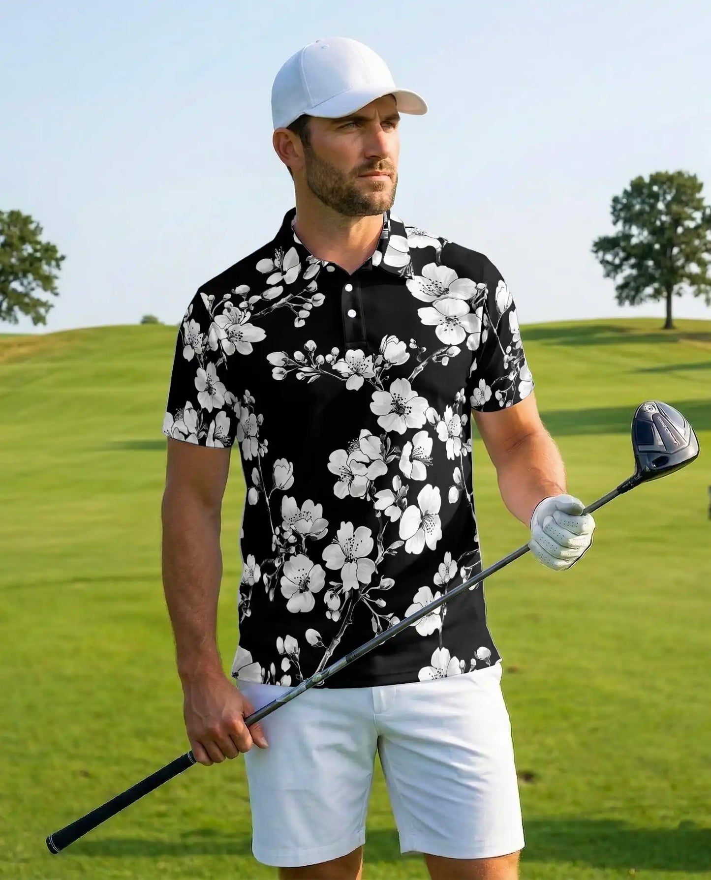 Monochrome Cherry Blossom Polo Shirt - Elegant Floral Style | Netecom