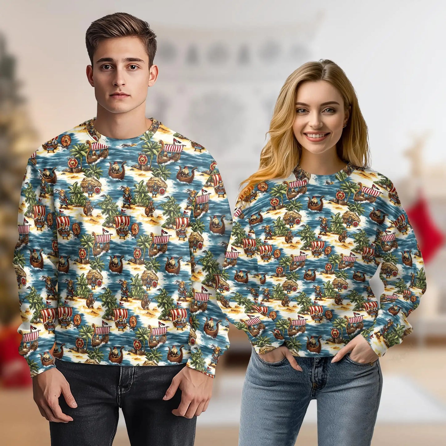 Viking Tropical Sweatshirt, 3D All Over Print Norse Warrior Beach Crewneck Pullover for Men Women, Viking Lover Gift - Netecom