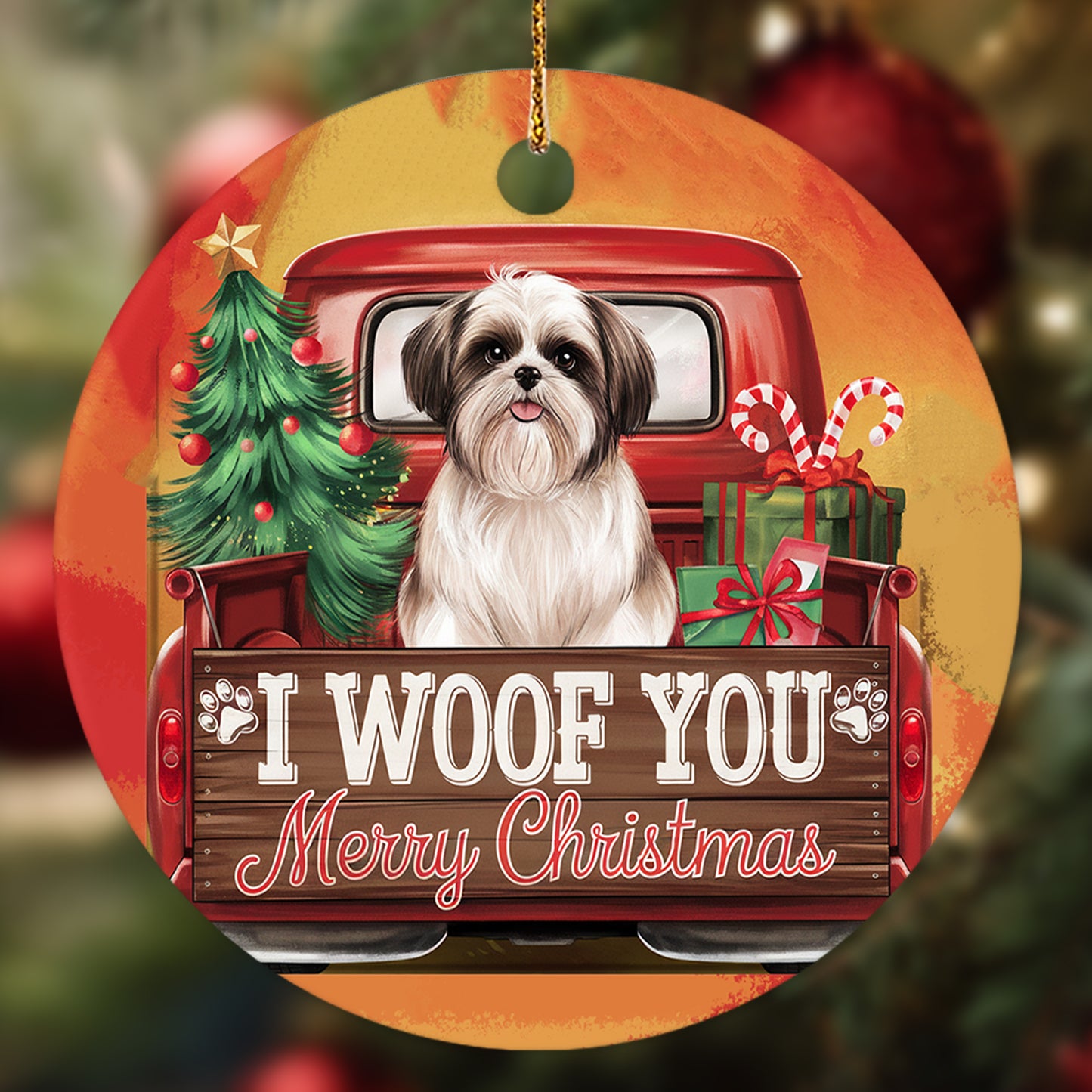 Netecom Funny Shih Tzu Dog in Red Truck Ornament, I Woof You Merry Christmas Ceramic Ornament for Christmas Tree Hanging Decorations Gift, Puppy Lover Gifts, Holiday Decor Present