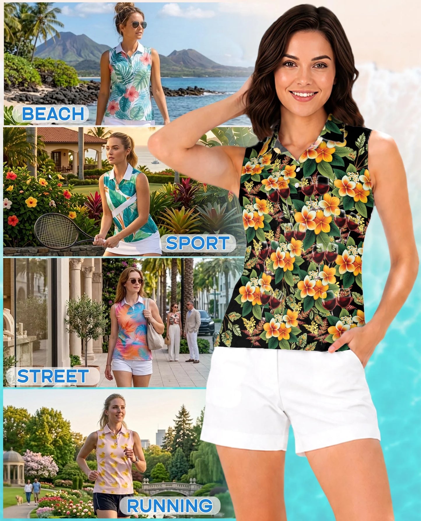 Wine Plumeria Floral Sleeveless Polo Shirt for Women – Tropical Elegant Style | Netecom