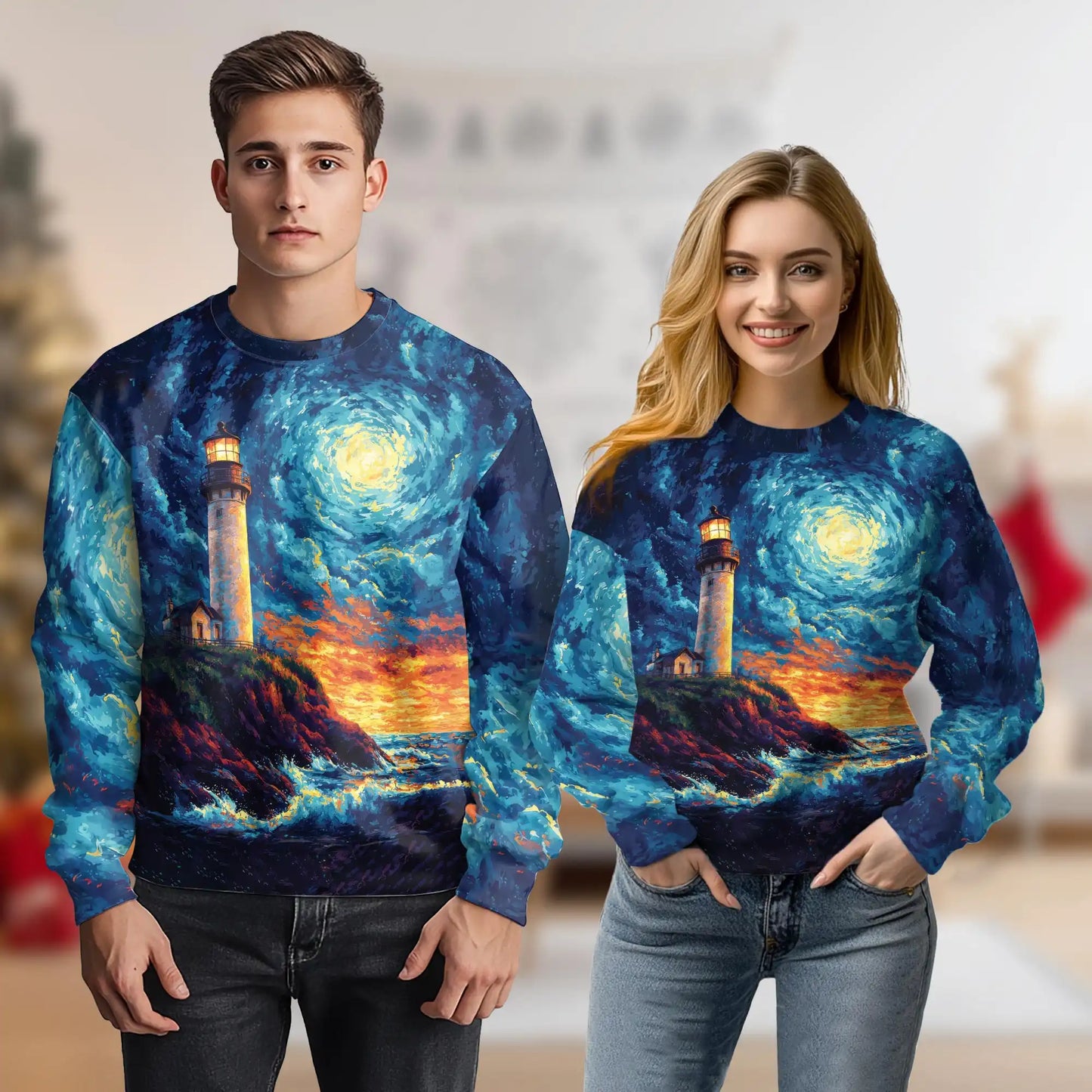Inspired Starry Night Lighthouse Sweatshirt, 3D All Over Print Celestial Ocean Crewneck Pullover for Men Women, Lighthouse Lover Gift - Netecom
