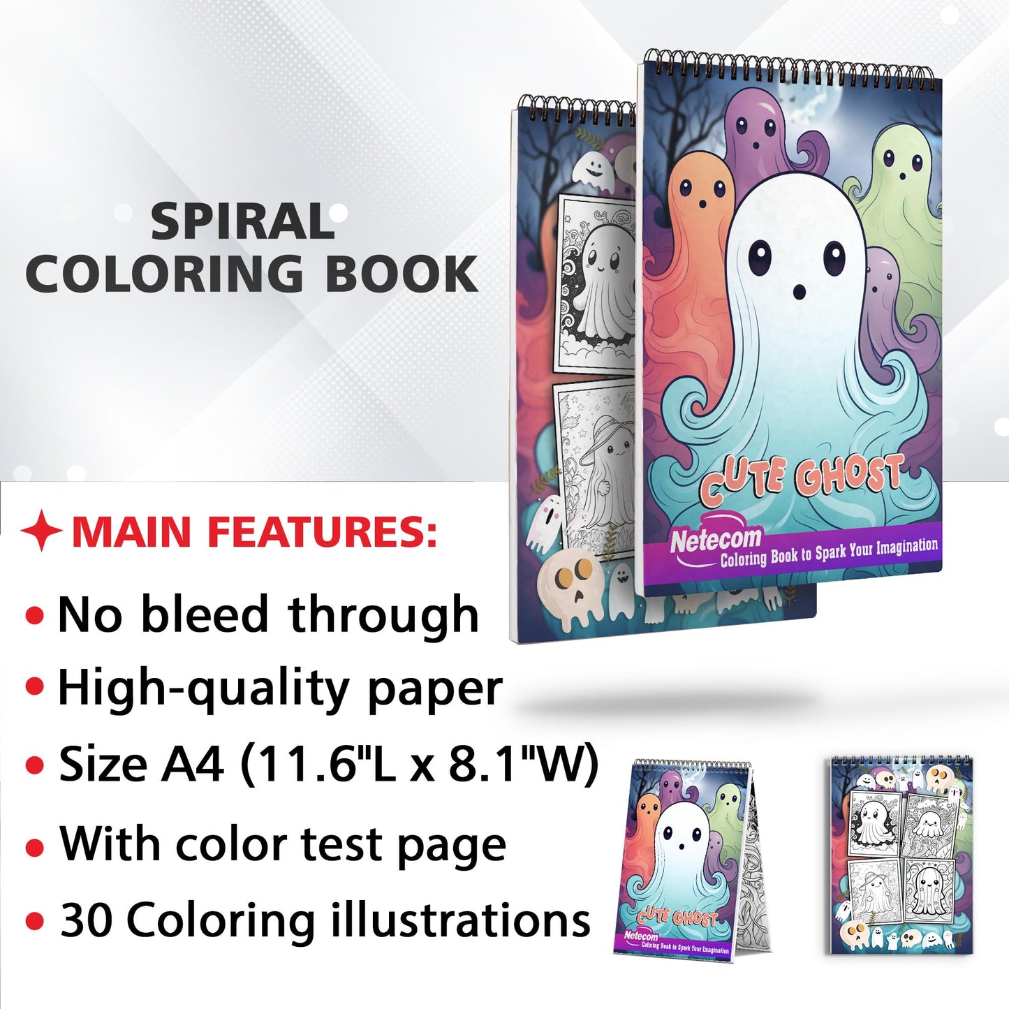 Cute Ghost Spiral Bound Coloring Book: 30 Cute Ghost Coloring Pages, Filled with Friendly and Lovable Spirits