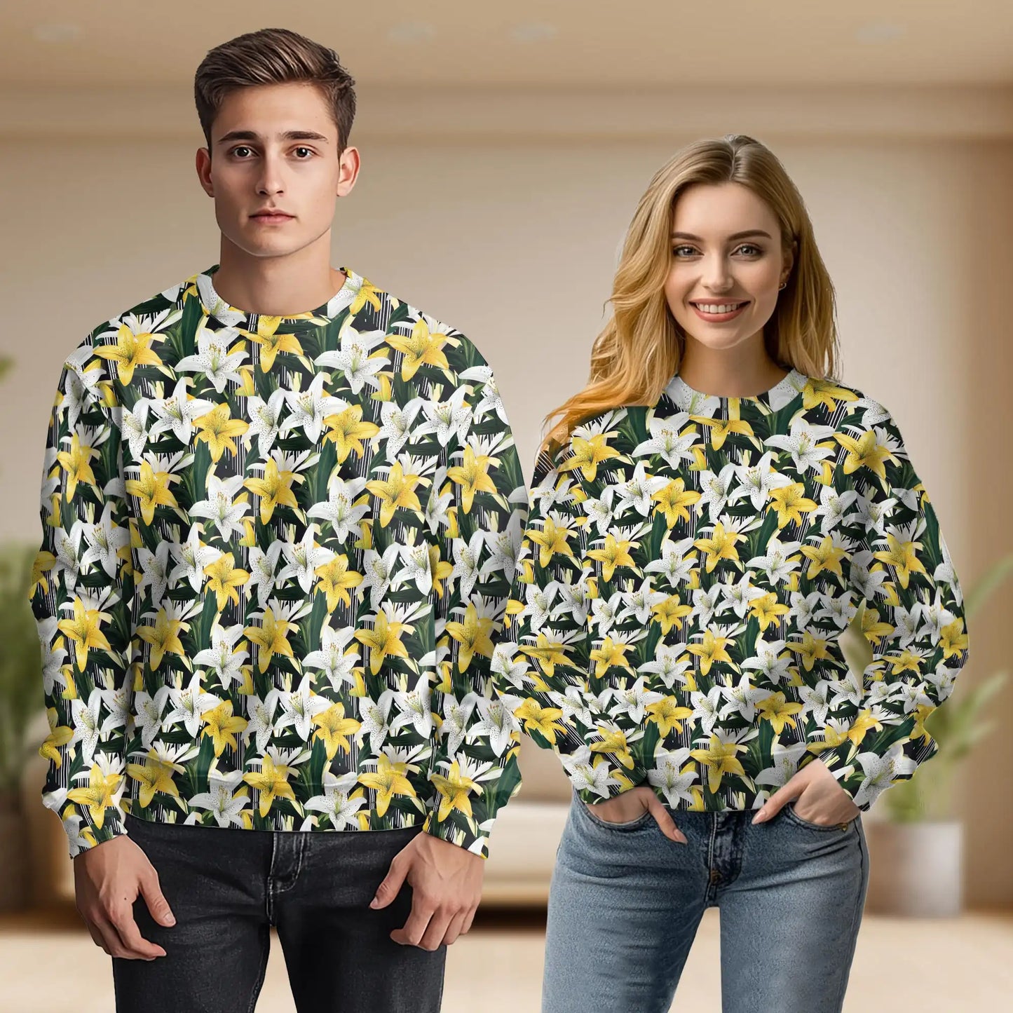 Lily Flower Pattern Sweatshirt, 3D All Over Print Floral Botanical Crewneck Pullover for Men Women, Lily Lover Gift - Netecom