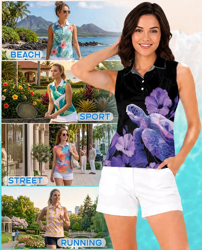 Purple Geometric Sea Turtle Sleeveless Polo Shirt for Women | Netecom