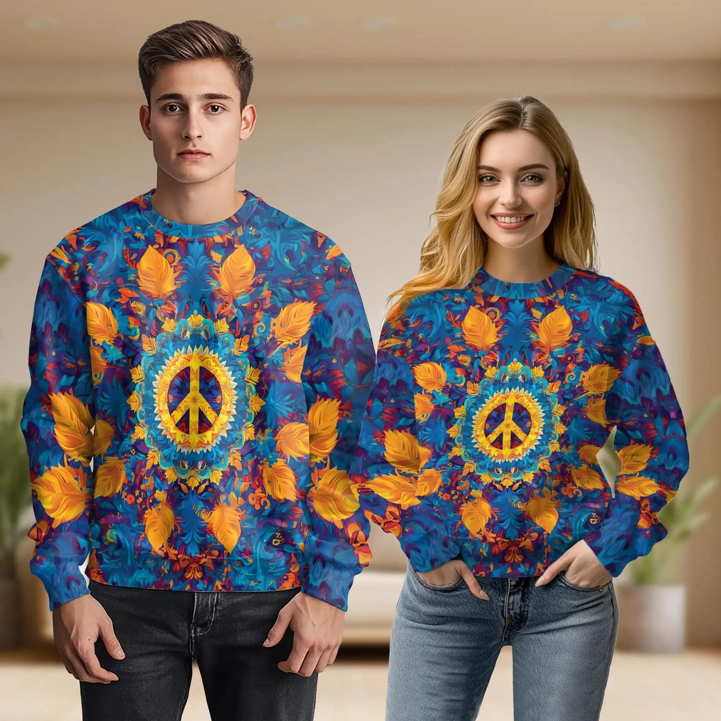 Hippie Peace Sweatshirt, 3D All Over Print Retro Boho Crewneck Pullover for Men Women, Peace Lover Gift - Netecom