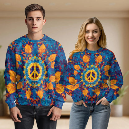 Hippie Peace Sweatshirt, 3D All Over Print Retro Boho Crewneck Pullover for Men Women, Peace Lover Gift - Netecom