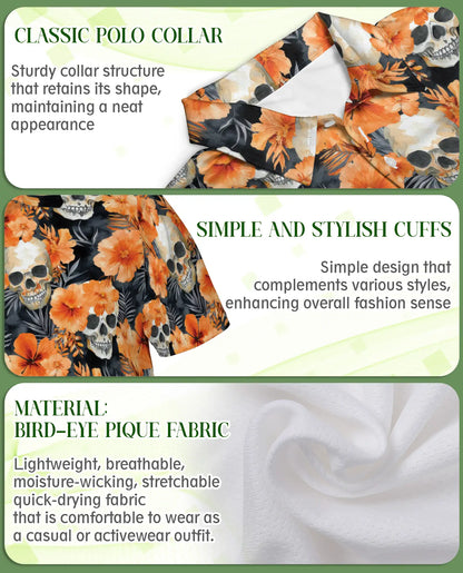 Skull Floral Polo Shirt – Orange Hibiscus Print | Netecom