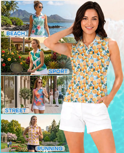 Orange Pattern Sleeveless Polo Shirt for Women | Netecom