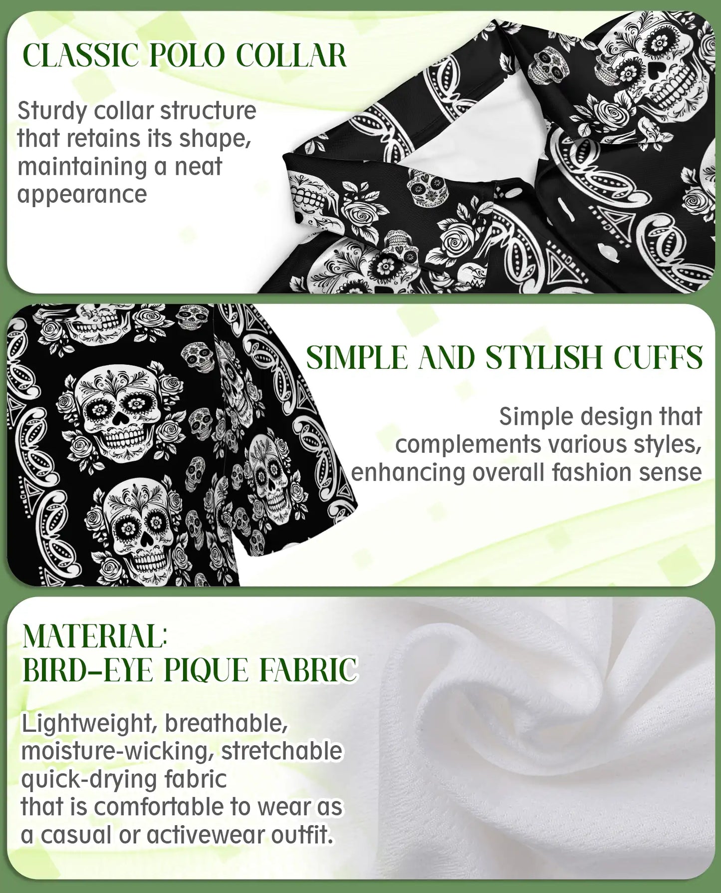 Sugar Skull Polo Shirt – Black Gothic Floral Print | Netecom