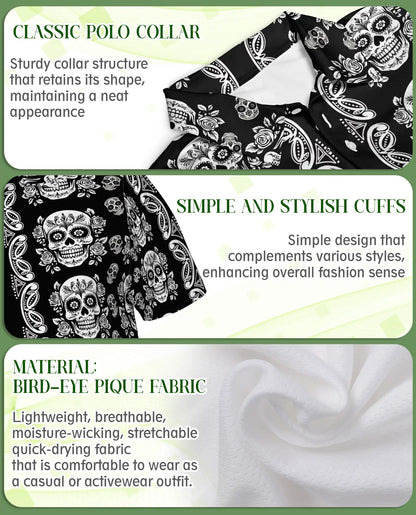 Sugar Skull Polo Shirt – Black Gothic Floral Print | Netecom