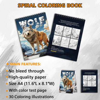 Wolf Spiral Bound Coloring Book, Majestic Wolves in Artistic Scenes, Ideal for Animal Lovers and Those Seeking Powerful and Serene Art