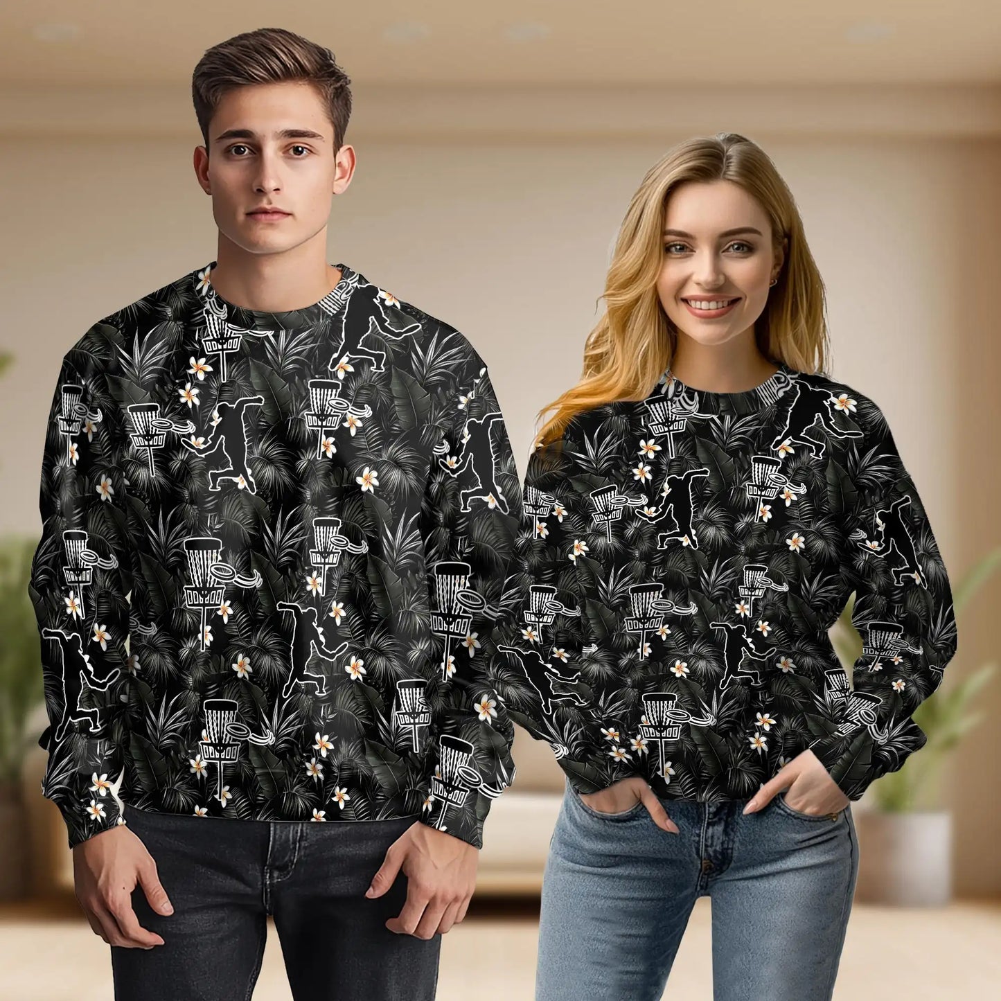 Disc Golf Tropical Flowers Sweatshirt, 3D All Over Print Floral Disc Golf Crewneck Pullover for Men Women, Disc Golf Lover Gift - Netecom