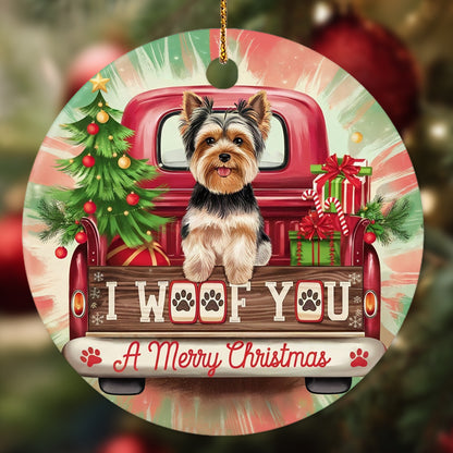 Netecom Funny Yorkshire Terrier in Red Truck Ornament, I Woof You Merry Christmas Ceramic Ornament for Christmas Tree Hanging Decorations Gift, Dog Lover Gifts, Holiday Celebration Present
