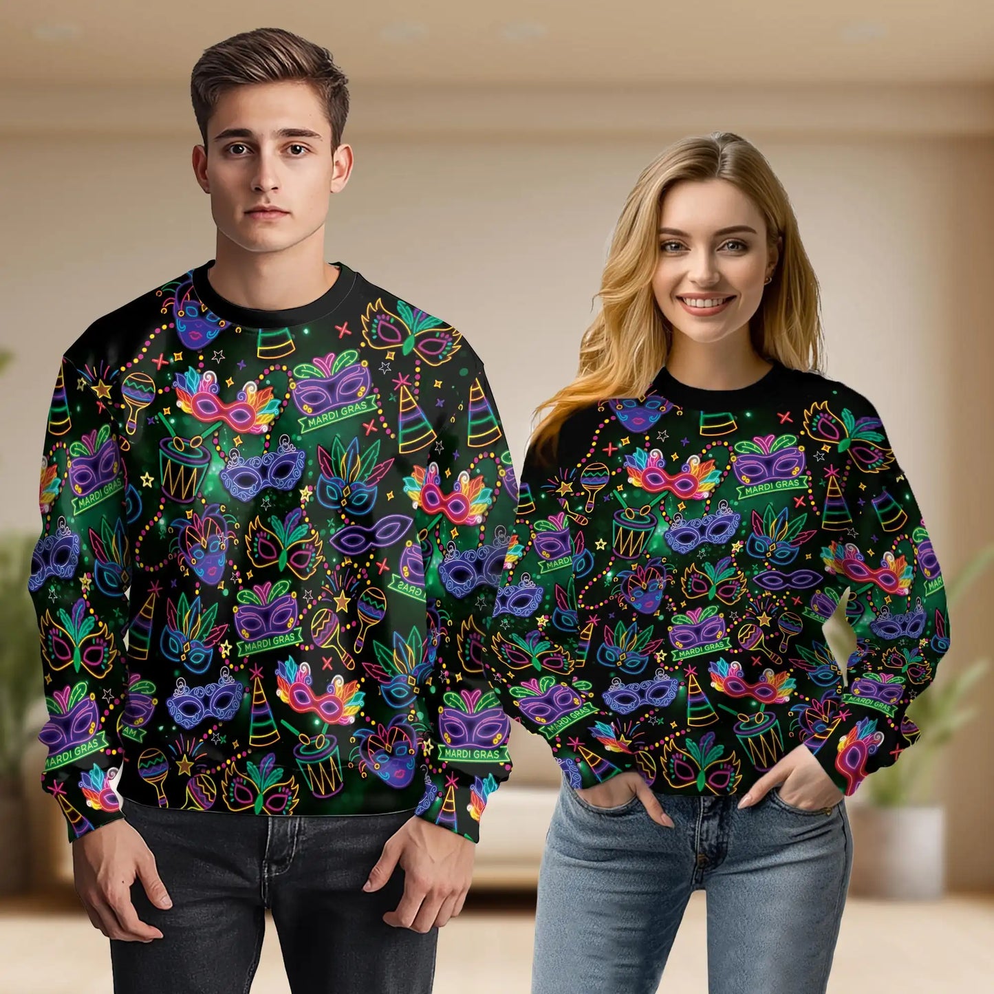 Funny Alligators Mardi Gras Sweatshirt, 3D All Over Print Louisiana Carnival Crewneck Pullover for Men Women, Mardi Gras Gift - Netecom
