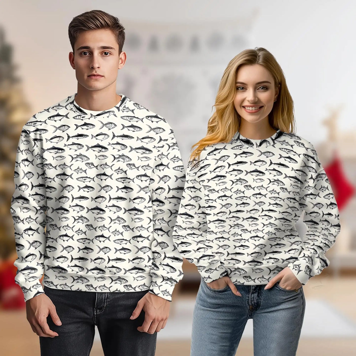 Vintage Fish Pattern Sweatshirt, 3D All Over Print Retro Ocean Marine Crewneck Pullover for Men Women, Fish Lover Gift - Netecom