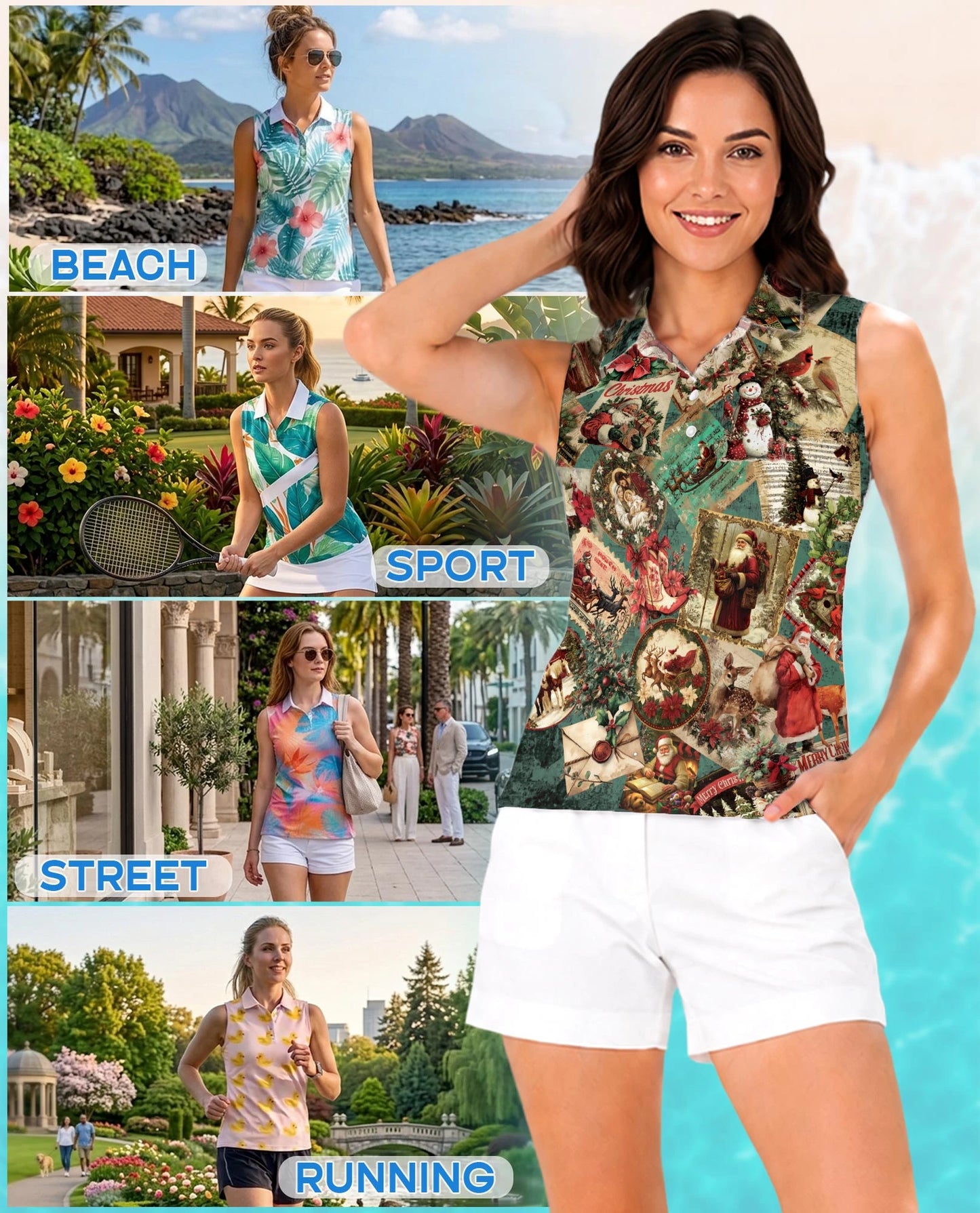 Vintage Christmas Collage Sleeveless Polo Shirt for Women | Netecom