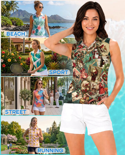 Vintage Christmas Collage Sleeveless Polo Shirt for Women | Netecom
