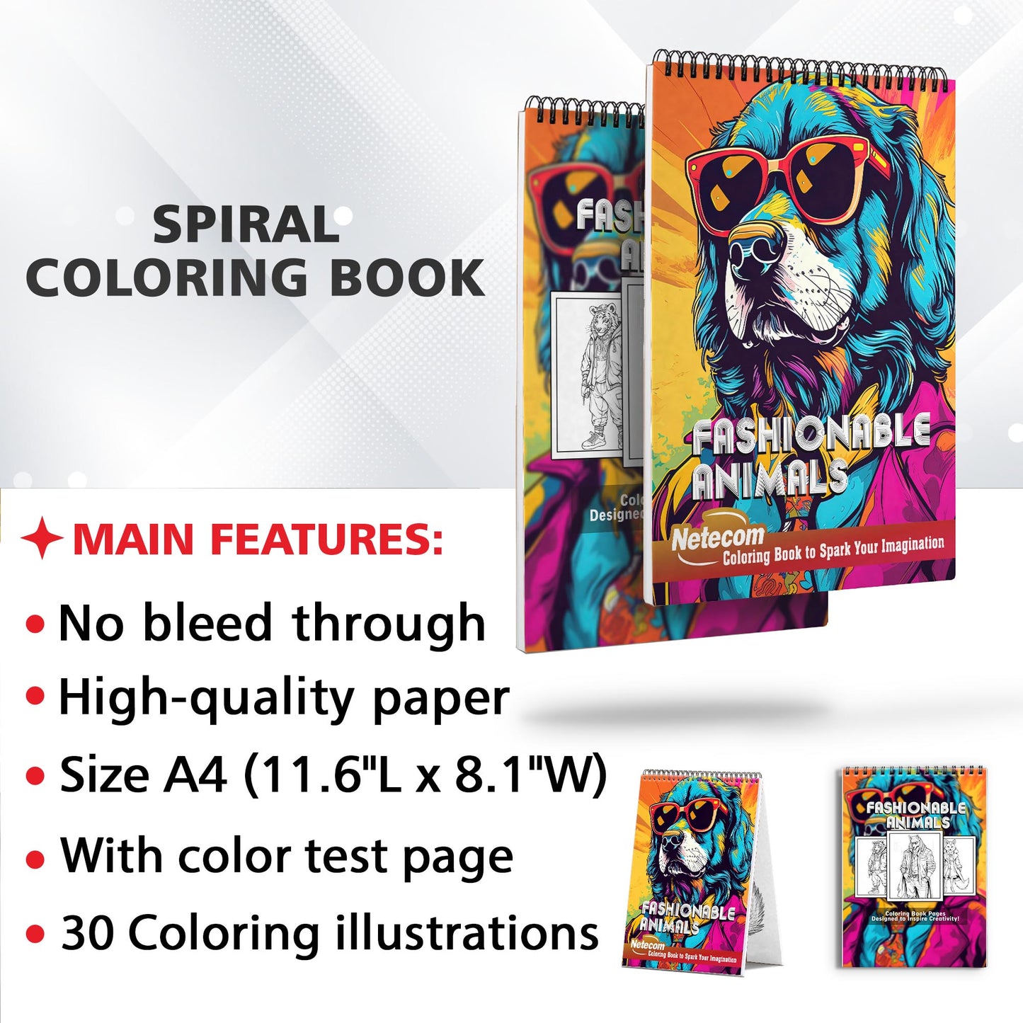 Fashionable Animals Spiral Bound Coloring Book, Step into the World of Fashion with 30 Coloring Pages, Showcasing Animals with Fabulous Accessories and Attire