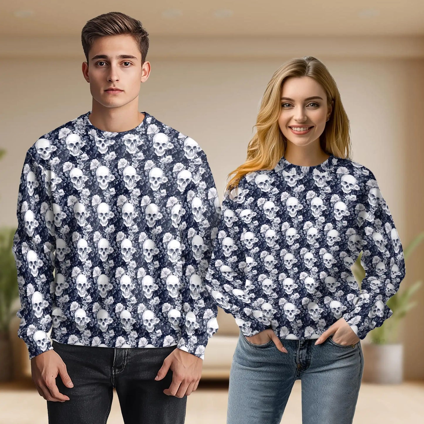 Skull Floral Pattern Sweatshirt, 3D All Over Print Gothic Flower Crewneck Pullover for Men Women, Skull Lover Gift - Netecom