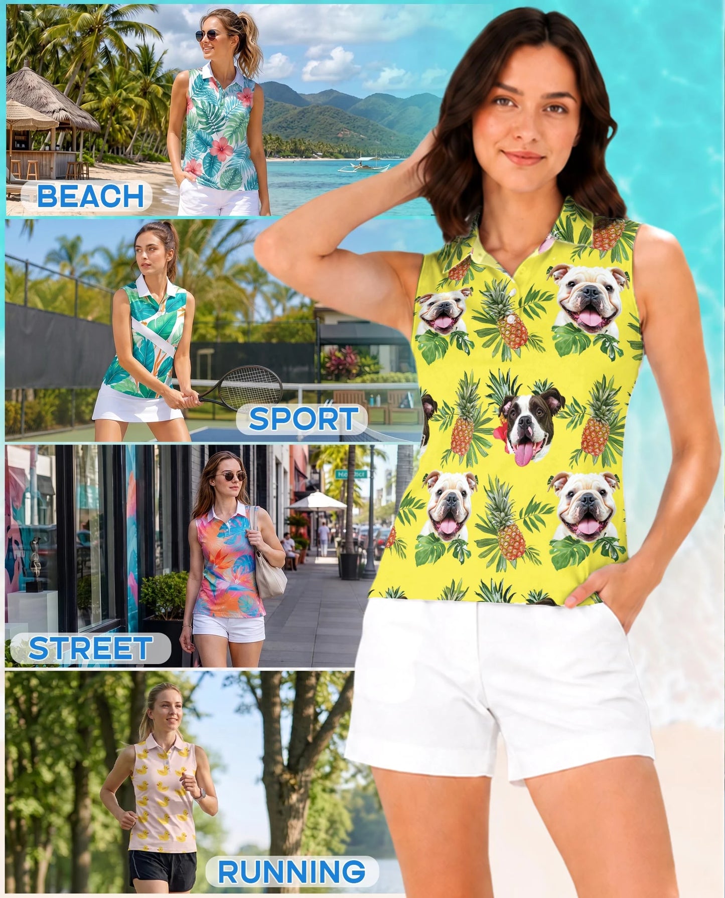 English Bulldog Tropical Sleeveless Polo Shirt for Women | Netecom