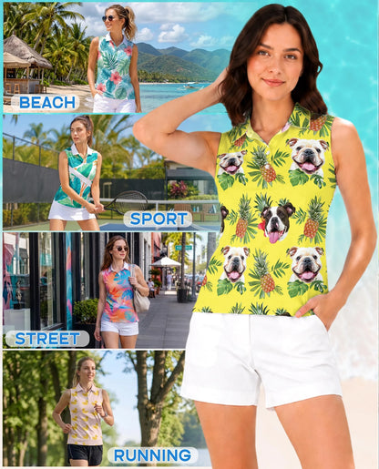 English Bulldog Tropical Sleeveless Polo Shirt for Women | Netecom