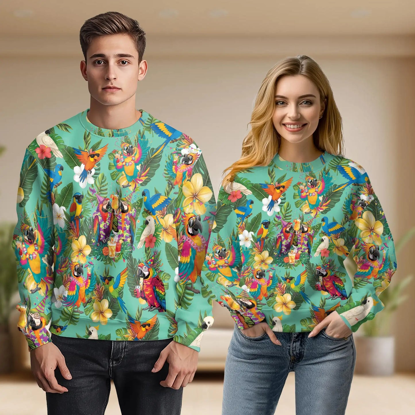 Party Parrot Tropical Sweatshirt, 3D All Over Print Colorful Bird Crewneck Pullover for Men Women, Parrot Lover Gift - Netecom