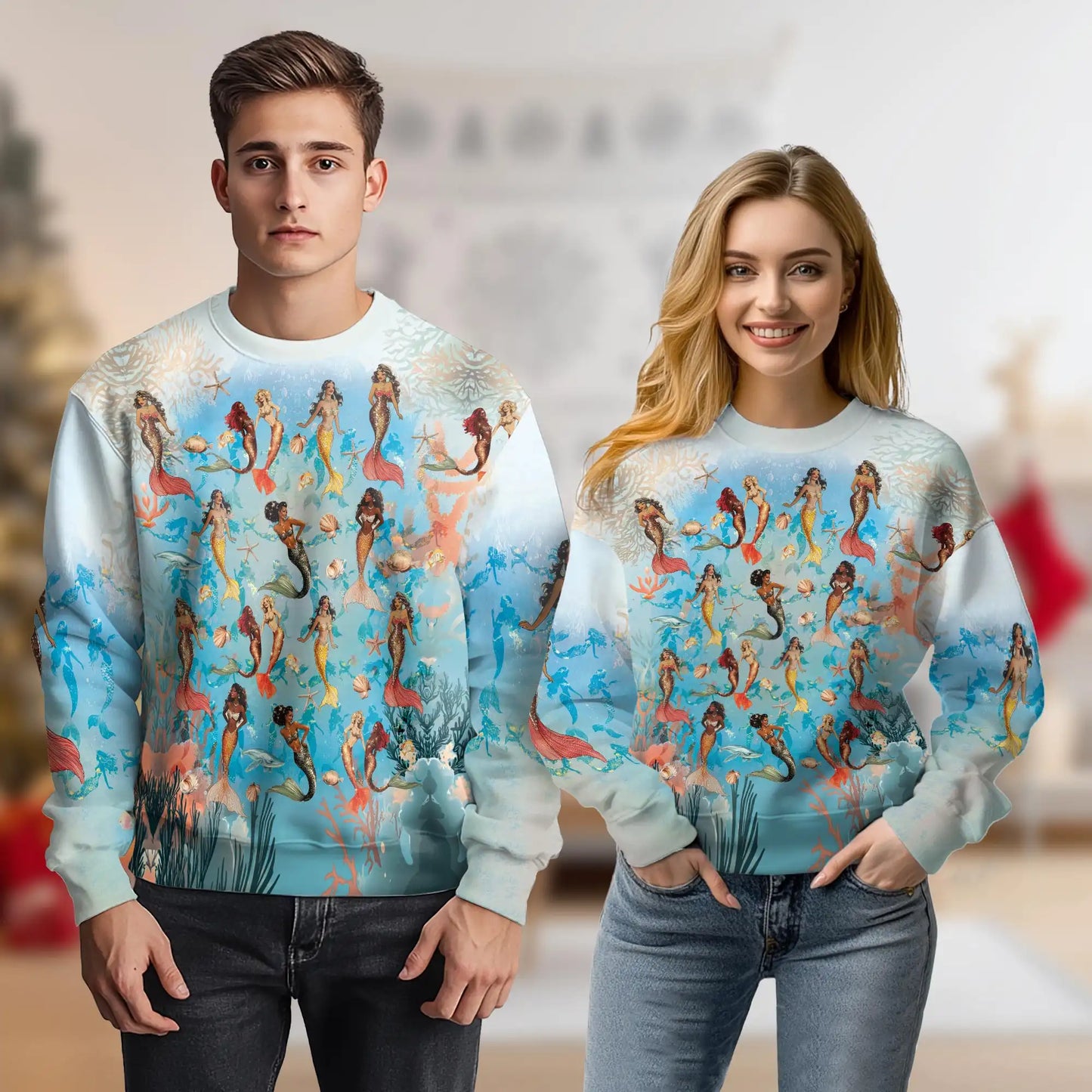 Mermaid Sea Horse Sweatshirt, 3D All Over Print Coral Reef Ocean Crewneck Pullover for Men Women, Mermaid Lover Gift - Netecom