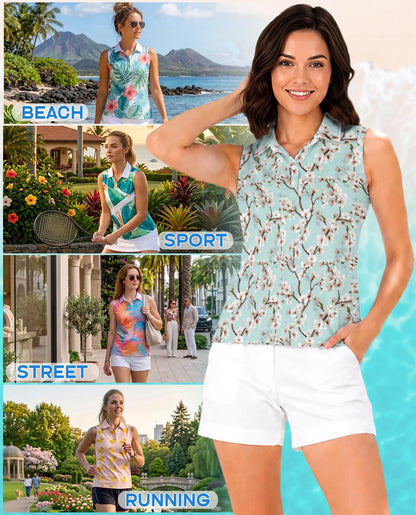 White Sakura Cherry Blossom Sleeveless Polo Shirt for Women – Elegant Floral Style | Netecom