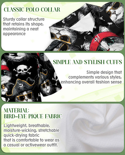 Pirate Cat 3D Polo Shirt for Men – Funny Skull Kitty Style | Netecom