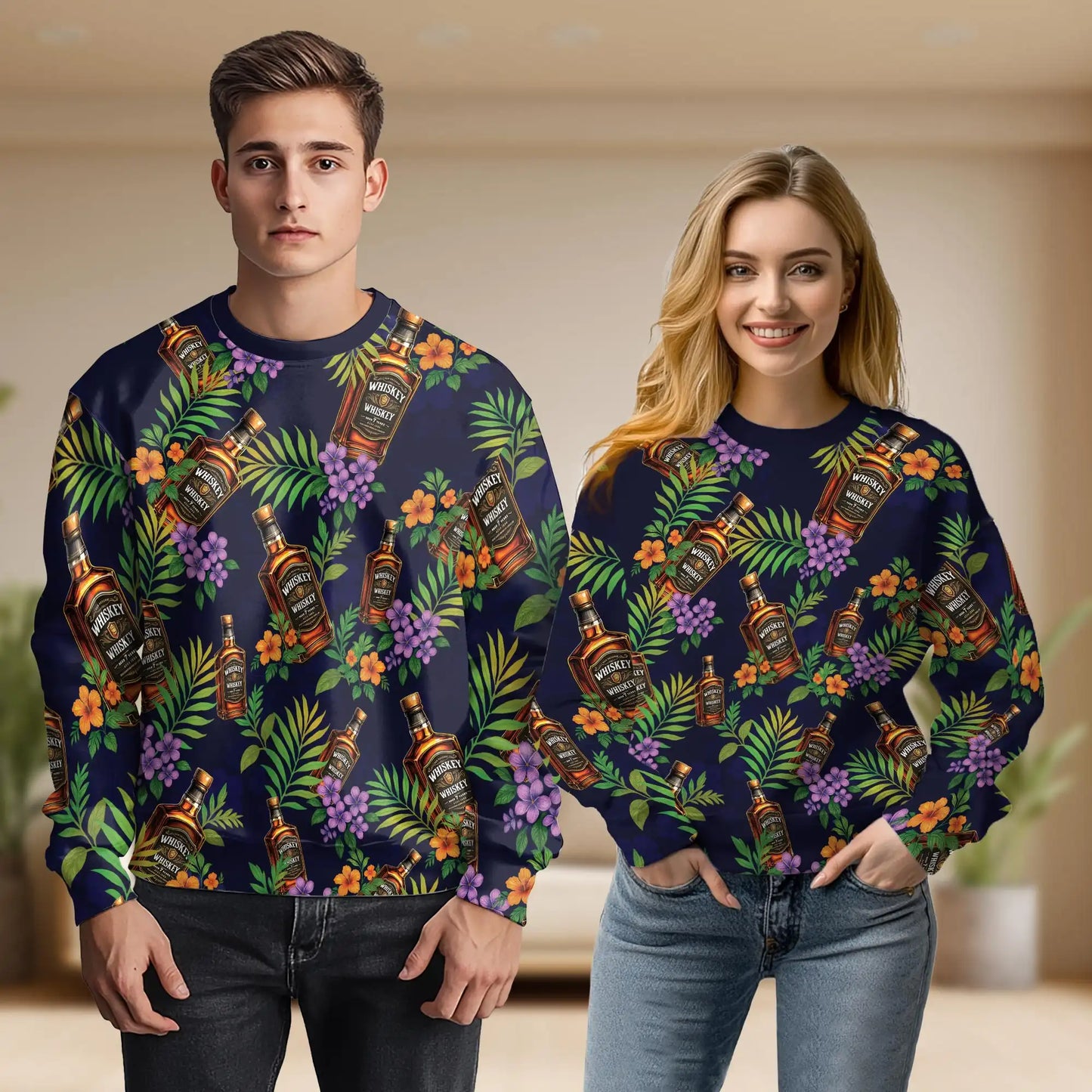 Tropical Whiskey Bottle Floral Sweatshirt, 3D All Over Print Tropical Botanical Crewneck Pullover for Men Women, Whiskey Lover Gift - Netecom