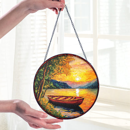 Netecom Beautiful Sunset on the River Stained Glass Sun Catcher – Scenic River Ornament, Perfect Gift for Outdoors Enthusiasts