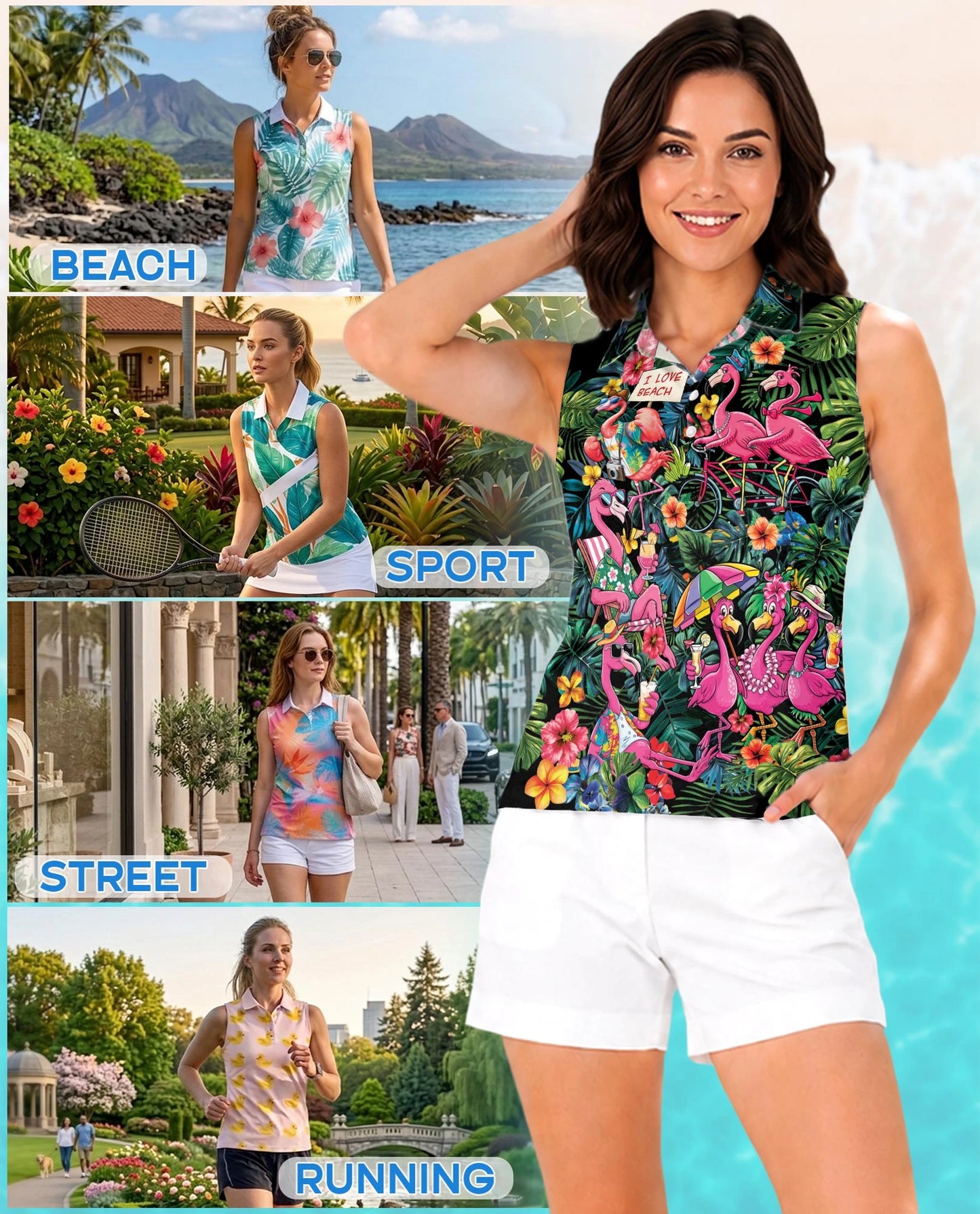 Aloha Flamingo 3D Tropical Sleeveless Polo Shirt for Women | Netecom