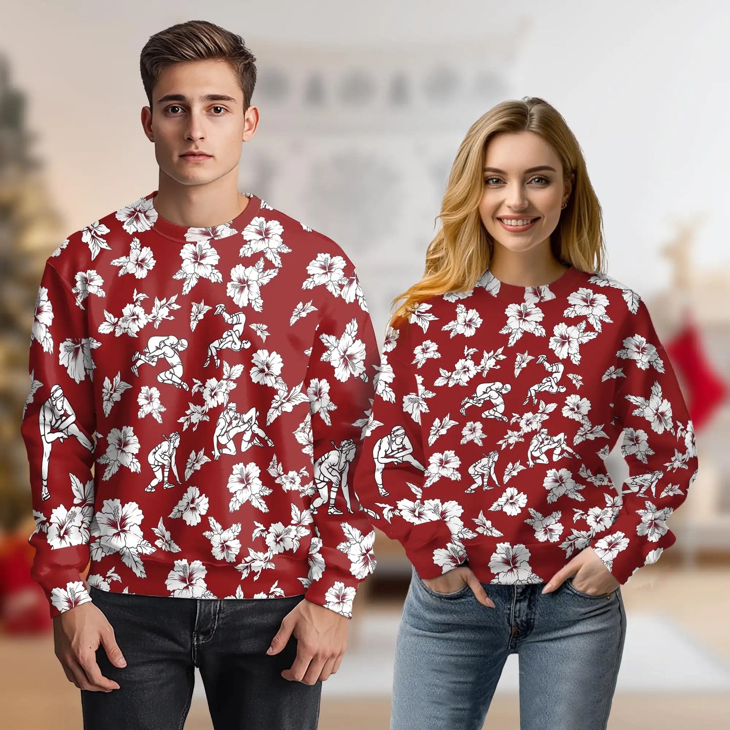 Wrestling Sweatshirt, 3D All Over Print Red Floral Wrestling Crewneck Pullover for Men Women, Wrestler Gift - Netecom