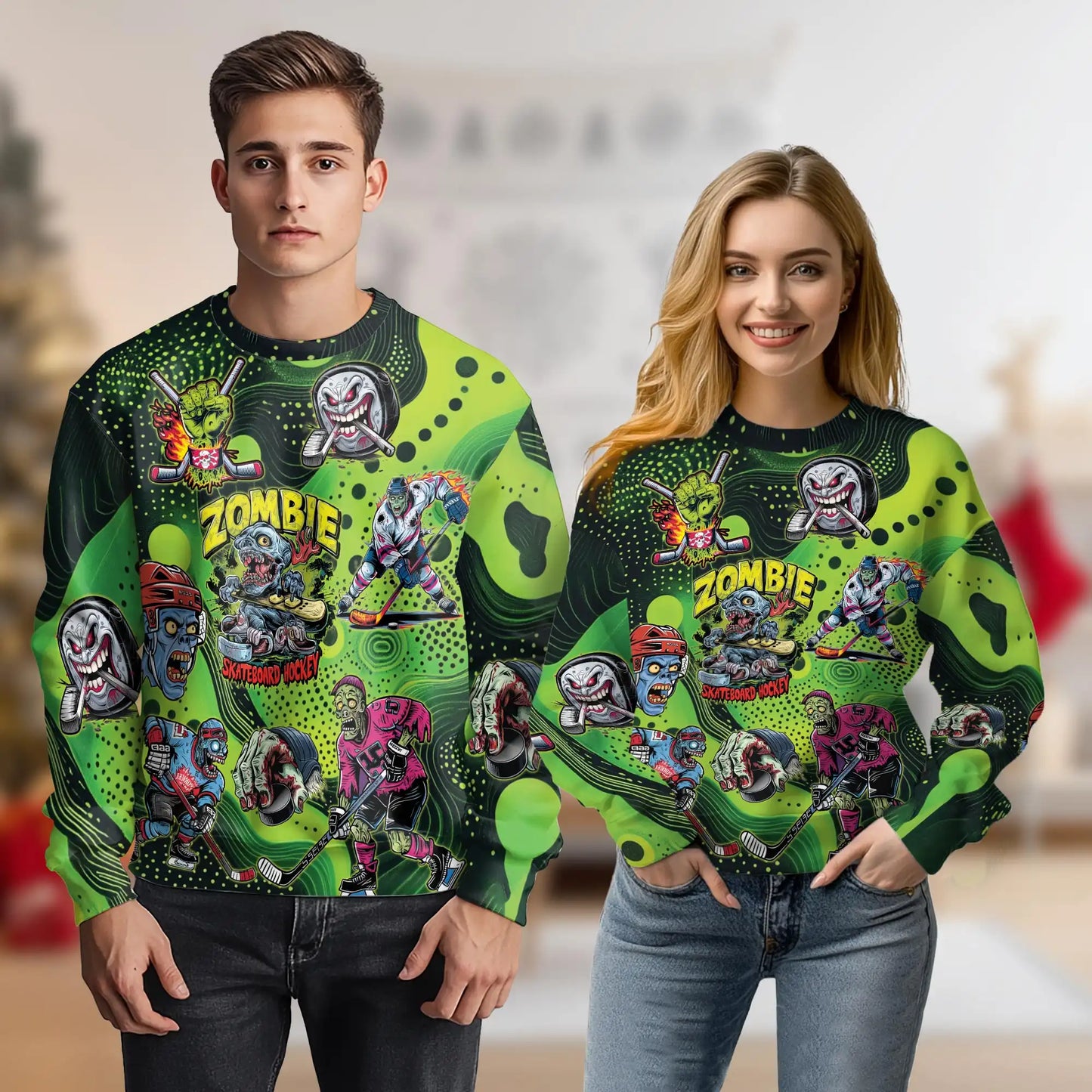 Zombie Hockey Sweatshirt, 3D All Over Print Skateboard Hockey Crewneck Pullover for Men Women, Hockey Player Gift - Netecom